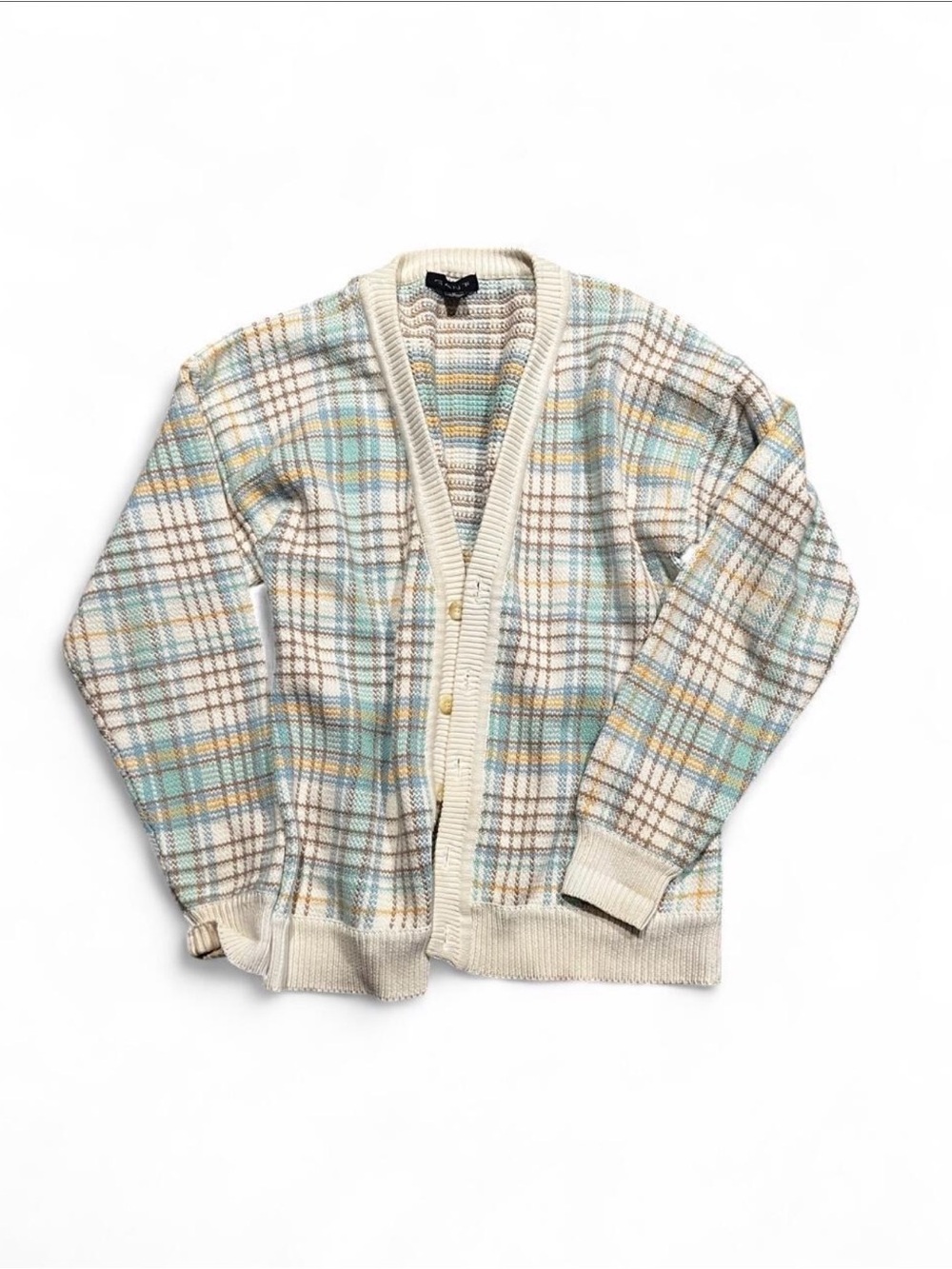 Gant Cream Plaid Cardigan with Pastel Blue & Yellow Accents